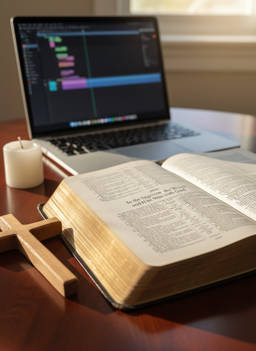 A large, open Bible with slightly worn, gold-edged pages lies open to the Gospels on a smooth, dark wooden table. A simple wooden cross and a small, unlit candle rest beside it, with a modern laptop in the background displaying a paused video timeline, softly out of focus. Warm late-afternoon sunlight streams through an unseen window, creating gentle highlights along the page edges and subtle shadows across the wood grain. Photographed at eye level with a shallow depth of field, the focus rests on the verse text at the center. The atmosphere is reverent, calm, and professional, blending timeless faith with contemporary media in clean, photographic realism.