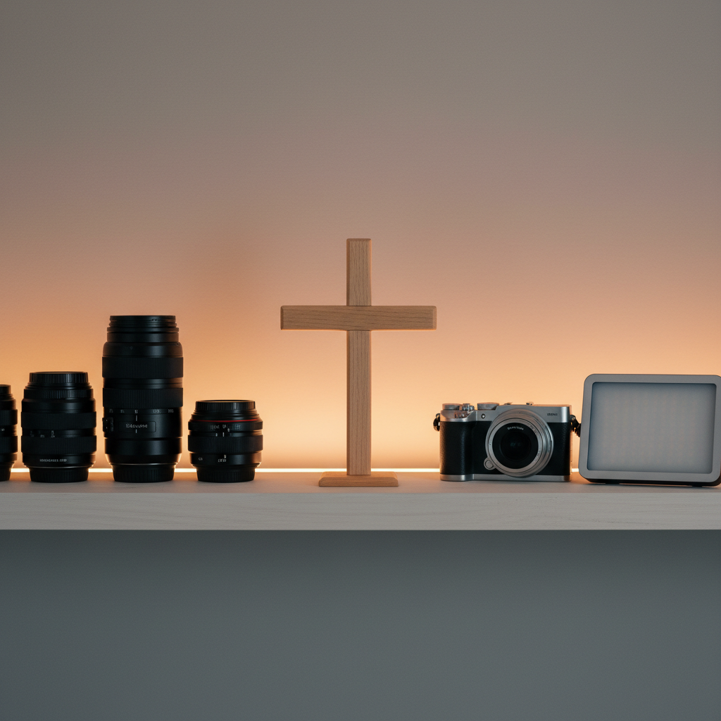 A simple wooden cross stands at the center of a clean, uncluttered home studio shelf, surrounded by neatly arranged camera lenses, a compact mirrorless camera, and a portable LED light panel. Behind them, a softly glowing light strip washes the wall in a subtle gradient of warm amber, suggesting an evening recording session. The cross is in sharp focus, while the media equipment gradually falls into a gentle bokeh. Photographed at eye level using the rule of thirds, the composition draws the eye naturally to the cross as the visual and spiritual center. The mood is warm, intentional, and Christ-centered, rendered in realistic, professional photographic style.