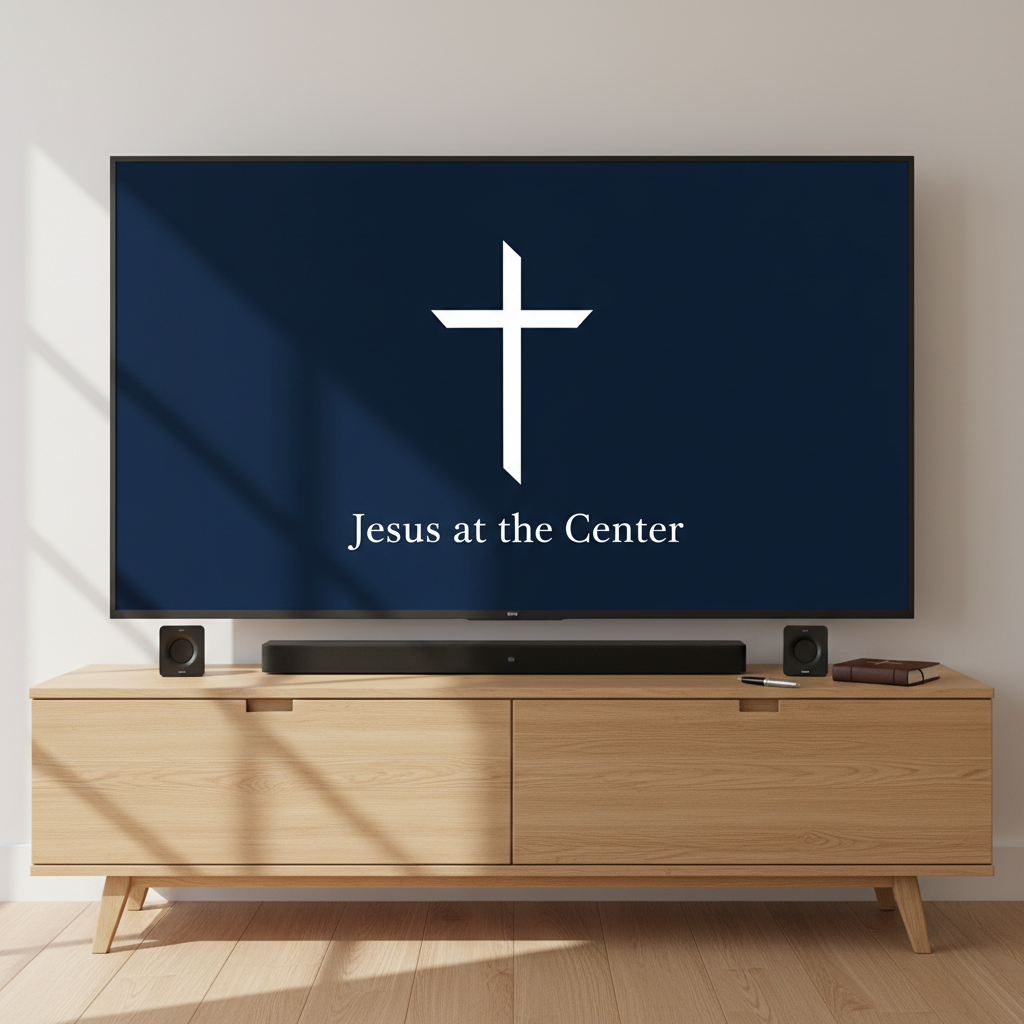 A sleek, modern home media setup featuring a large, ultra-thin 4K television on a light oak console, displaying a paused video frame of a minimalist white cross on a deep navy background with the words “Jesus at the Center” in elegant serif typography. A well-organized array of small speakers and a subtle soundbar sit below, along with a closed leather journal and a pen. Soft, diffused afternoon light enters from an unseen window, creating gentle reflections on the screen and console surface. Photographic realism with a slightly elevated angle, sharp focus throughout, and a peaceful, professional mood that reflects a high-quality Christian video ministry experience without any people shown.