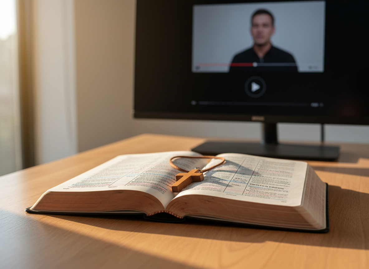 A beautifully worn, leather-bound Bible lying open on a smooth wooden table, its thin, slightly curled pages revealing a passage highlighted with soft pastel underlines. A simple wooden cross pendant rests gently across the center crease. The table sits near a large window, where warm early-morning sunlight streams in, illuminating the text and creating a gentle glow along the page edges. In the softly blurred background, a modern flat-screen monitor shows a paused video interface with a subtle play icon. Photographic realism, eye-level composition with shallow depth of field, calm and reverent atmosphere, clean and modern aesthetic that communicates Christ-centered teaching through video ministry without any human figures present.