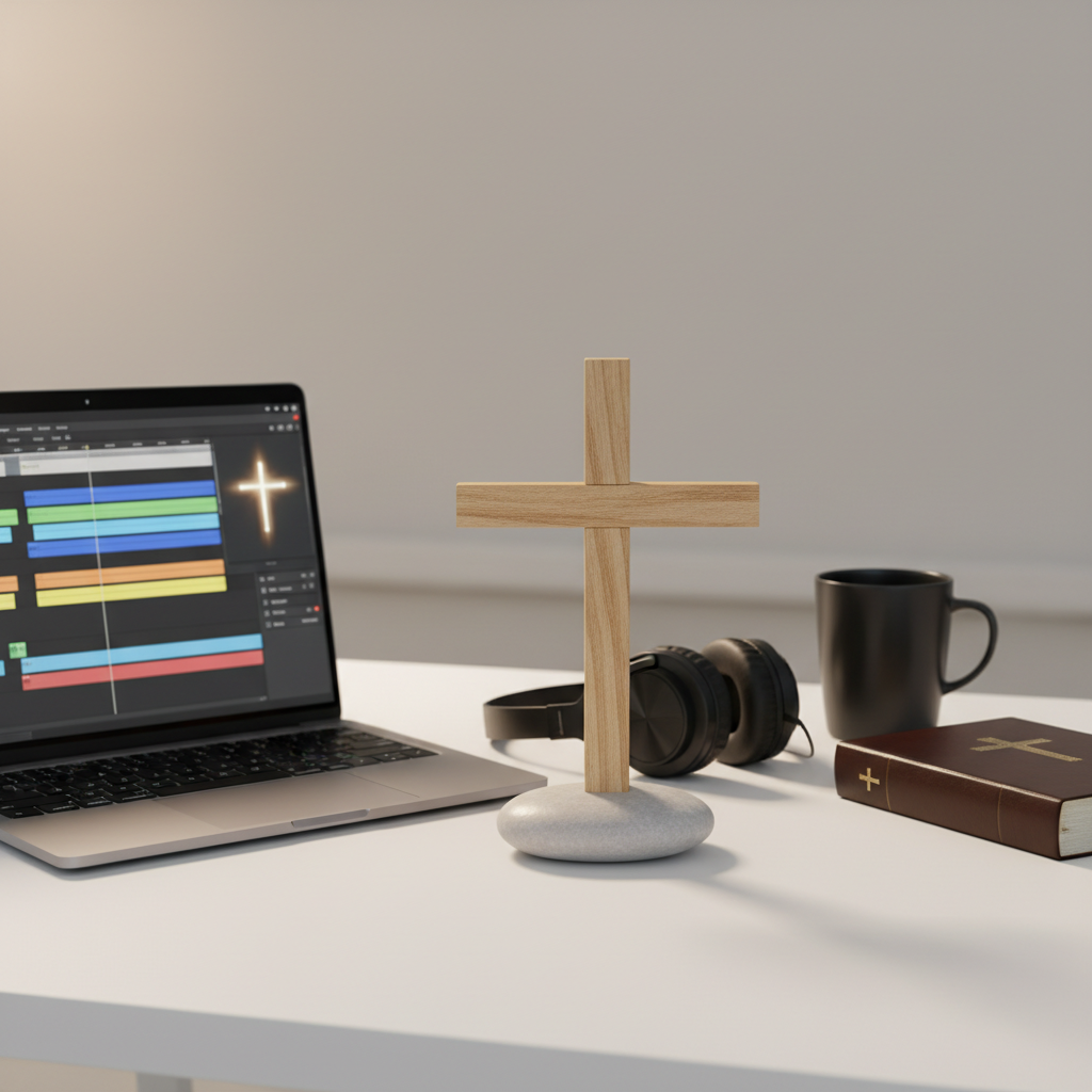 A simple wooden cross standing on a small, smooth stone pedestal, positioned in the center of a clean white desk that holds a slim laptop. The laptop screen shows a video editing timeline with colorful tracks and a preview window featuring a glowing cross icon. A pair of neatly arranged over-ear headphones rests beside the laptop, along with a closed Bible and a sleek black mug. Soft studio lighting from the side creates subtle highlights on the cross and gentle shadows across the desk. Photographic realism, rule-of-thirds composition, and a focused, purposeful atmosphere that conveys the behind-the-scenes work of crafting Christ-centered video content, with no human subjects present.
