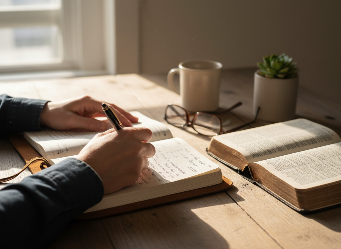 Hands writing notes beside an open Bible
