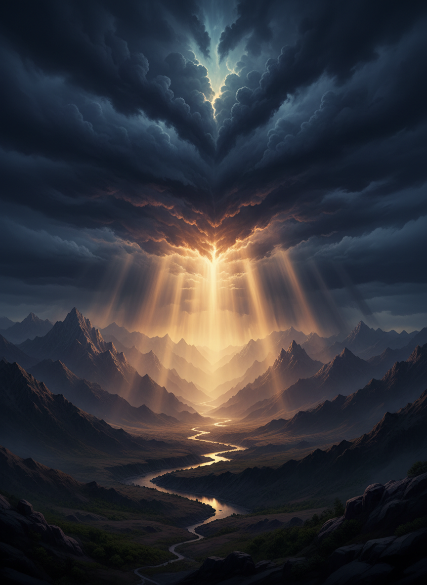 Light breaking through storm clouds over distant mountains