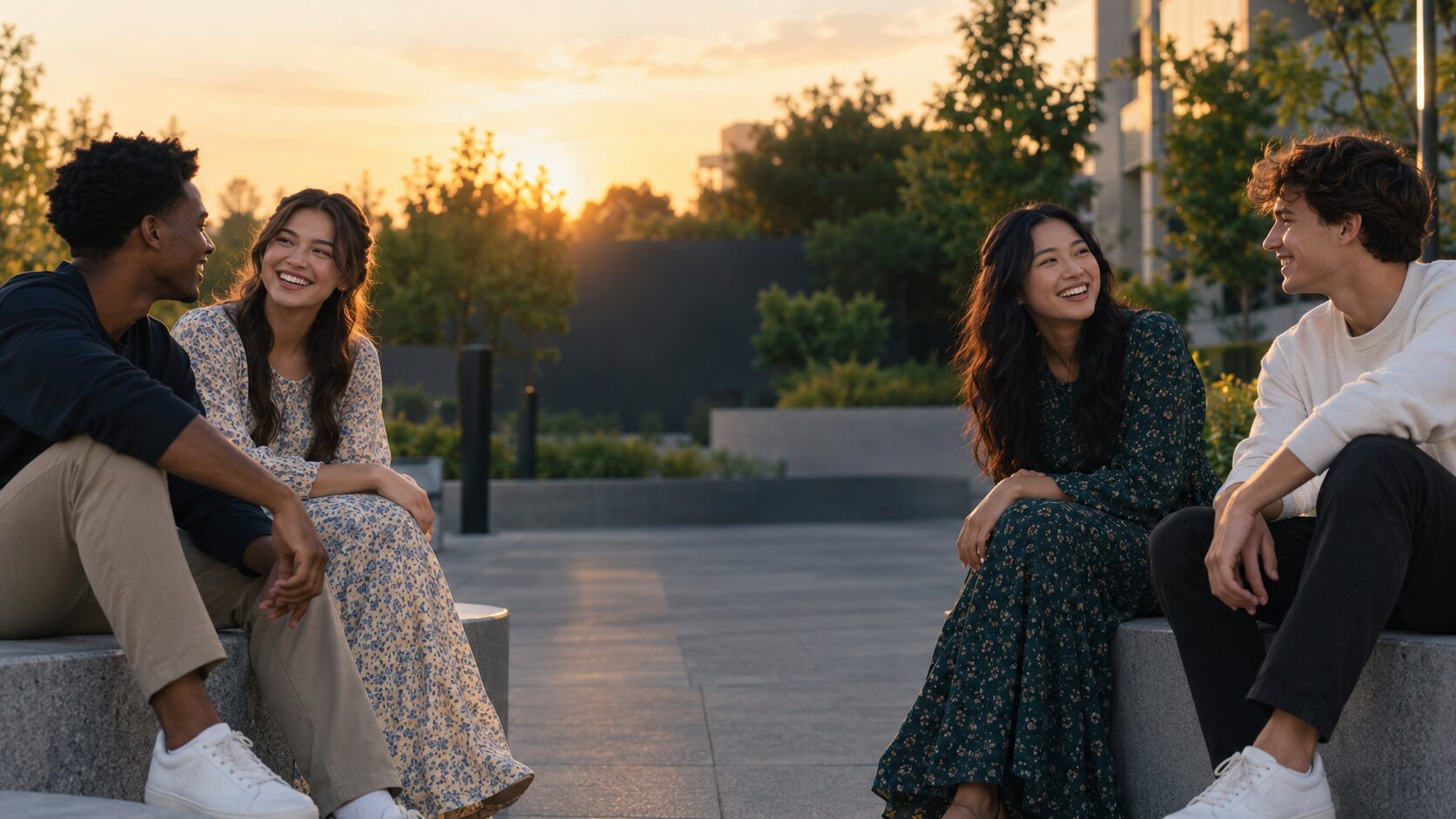 Young adults connecting outdoors