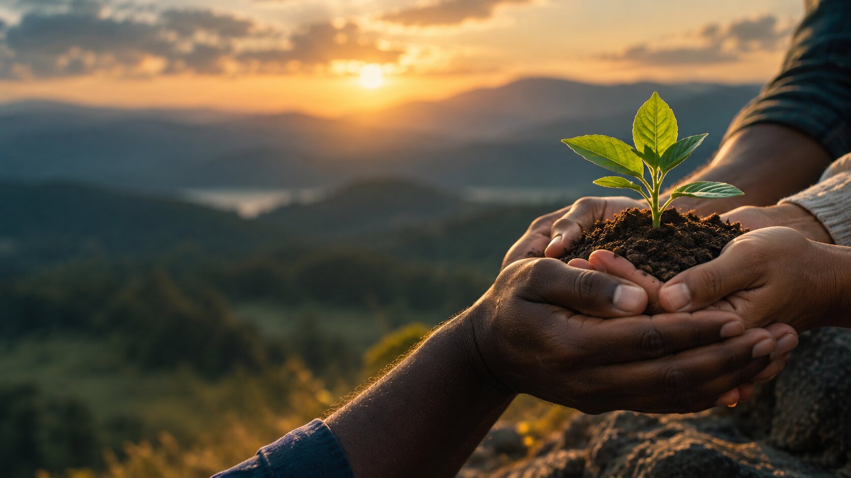 Diverse hands gently holding soil and a young green seedling in warm sunset light